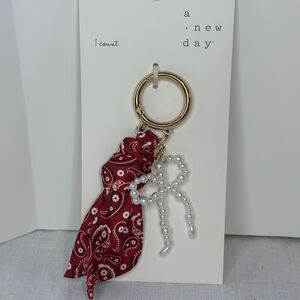 A New Day Red handkerchief and Pearl Bow key ring or bag charm